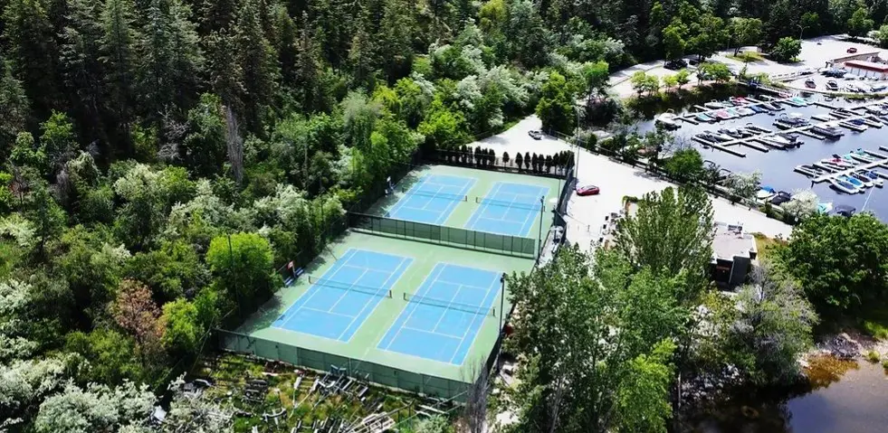 Aerial view of the Penticton Tennis Club courts at Marina Way on Okanagan Lake
